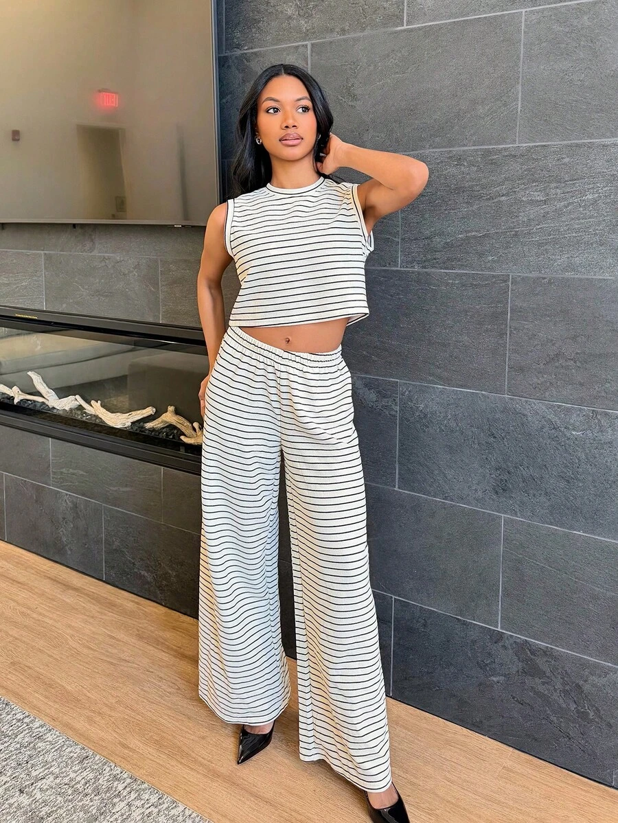 Natali Santanap 女士两件套条纹背心和裤子，休闲 - 黑與白 - 查看 1