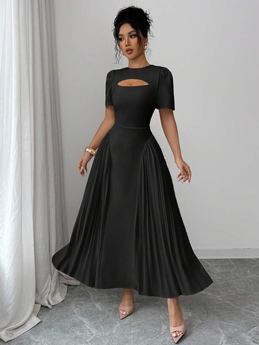 Elenzga Vestido midi de mujer de unicolor con cuello redondo, cintura hueca plisada, estilo princesa vintage con mangas abullonadas, color albaricoque, elegante, estilo francés retro romántico y minimalista, adecuado para oficina, viajes, negocios, casual, playa, citas, nueva llegada de primavera/verano - Negro - Ver 1