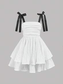 SHEIN 少女可爱纯色泡泡褶双层蛋糕休闲蝴蝶结吊带法式仙女裙，优雅蛋糕裙，毕业礼服，生日礼服，公主裙，花童礼服，白色连衣裙 - 白色 - 查看 2