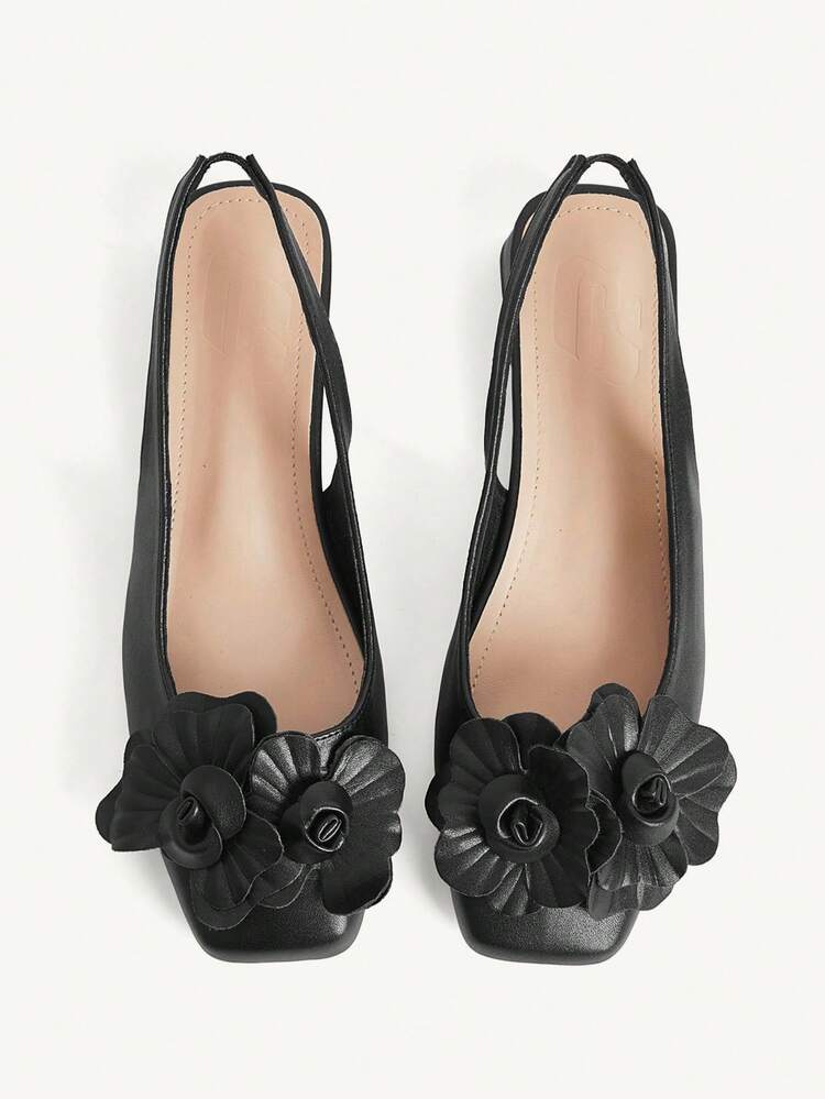 CUCCOO CHICEST Women Shoes Fashion Black Three-Dimensional Flower Back Strap Low Heel Square Toe Commuting Versatile Elegant Party Vacation Women Flat Shoes Slingback Shoes