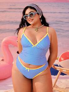 Swim Mod 2026新款加大码女式两件套随机几何印花时尚度假休闲显瘦保守蝴蝶结可调节粗肩带高腰高衩三角比基尼泳衣 - 淺藍色 - 查看 6