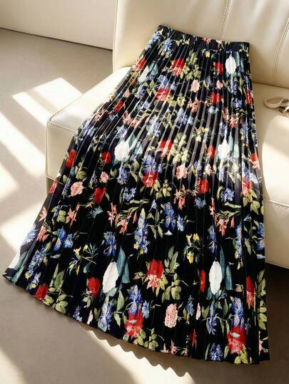 GlowEve CURVE Plus Size Women's Elegant Floral Colorful Pleated A-Line Skirt, Waist Cinching, Slimming, Suitable For Work, Casual, Dates, Graduations, Holidays, Festivals, Parties, Weddings, Outings Long Summer Skirt Floral Maxi Skirt Floral Skirt Pleated Skirt Flower Skirt Floral Skirts For Women
