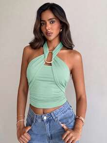 Aloruh Regata Feminina Elegante com Fivela de Metal, Cintura Marcada, Franzida e Decote com Laço - Verde Menta - Visão 4