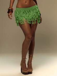 MUSERA Knitted Layered Fray Mini Skirt Summer, Vacation, Festival, Y2k Ibiza Beach Holiday Rave Night Out Winter Date Night Winter Chic Spring Carnival Vacation - Olive Green - View 2