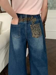 DAZY Quần lửng denim dáng rộng, in họa tiết da báo kiểu Mỹ cổ điển, thêu chữ, dành cho bé gái tuổi teen, thích hợp mặc mùa hè. - Màu xanh lam - Xem 5