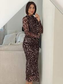 IamThia Women's Elegant Leopard Print Mesh Ruched Bodycon Dress Fall Cloth For Women - Multicolor - View 6