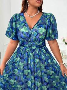 Vionelle 大码女式碎花V领荷叶袖优雅连衣裙 - 綠色 - 查看 6