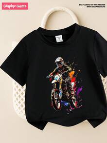 SHEIN GraphicGems 男童休闲摩托车印花黑色短袖T恤，男婴摩托车爱好者印花黑色T恤，日常百搭黑色圆领摩托车印花衬衫，户外酷炫摩托车印花男童T恤 - 白色 - 查看 4