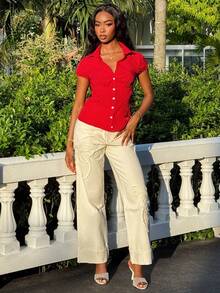 Mima John Áo sơ mi nữ tay ngắn cổ bẻ in chấm bi ôm vừa vặn - Đỏ - Xem 5