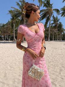 DAZY Spring & Summer Ditsy Floral Color Block Patchwork Dress, Elegant V-Neck Short Sleeve Casual Beach Maxi Dress For Parties, Weddings, Holidays Easter Sundress - Pink - View 8