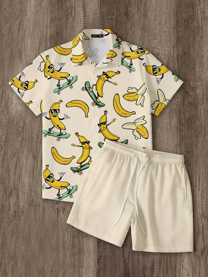 Manfinity Joysei Men's Casual Vacation Banana Print Shirt Set, Suitable For Summer Outings, Boyfriend Gift