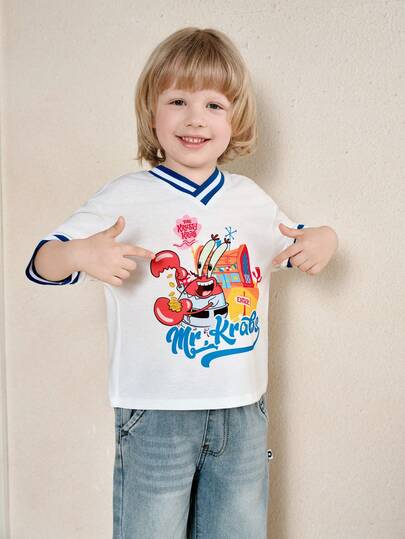 SpongeBob SquarePants | SHEIN 1pc Casual Sports Style Young Boy V-Neck Comfortable T-Shirt