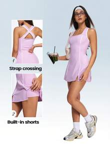 SHEIN Sovereign Charm Women's Lilac Purple Tennis Dress,Summer Casual Sleeveless Athletic Dress,White Contrast Piping,Square Neck,Crossover Back,Gym Workout Golf Dress - Purple - View 3