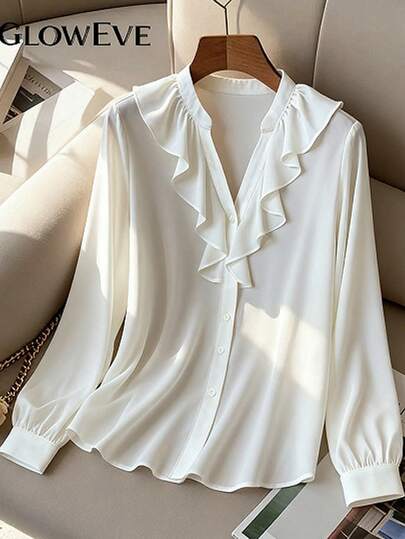 Elenzga White Ruffle Hem Elegant Casual Women's Blouse, Suitable For Work, Business, Formal Occasions, Dates, Valentine's Day Parties, New Year, Red Jacket Layering