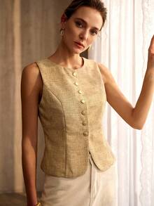 MOTF PREMIUM 女士优雅金色不对称无袖外套 - 棕色 - 查看 6