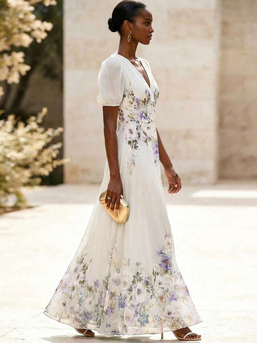 EMERY ROSE Vestido maxi elegante para mujer con estampado, cuello en V, cintura ceñida y corte en A, estampado floral, adecuado para primavera/verano - Multicolor - Ver 1