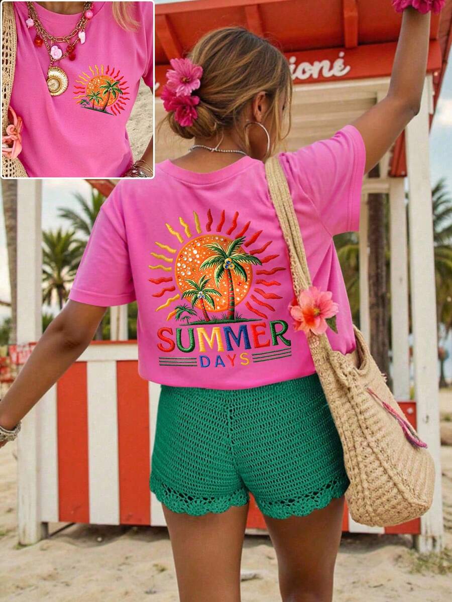 SHEIN LUNE Áo thun ngắn tay cổ tròn in chữ và cây cọ dành cho nữ cỡ lớn, kiểu dáng thường ngày. - Màu Hồng Tươi - Xem 1