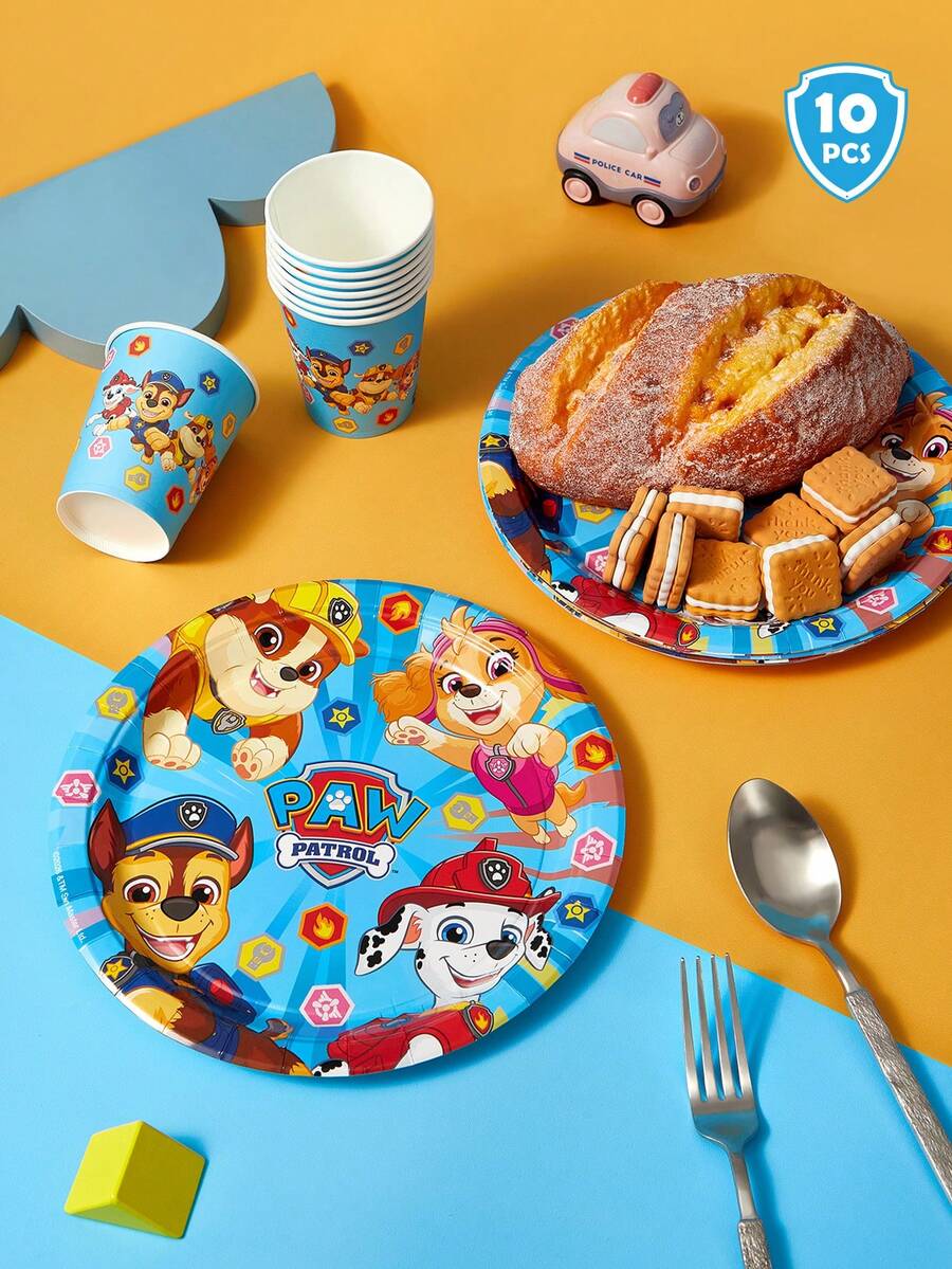 SHEIN | PAW Patrol 10 piezas cada uno de Vasos de papel desechables, Platos de papel - Rojo amarillo azul - Ver 1