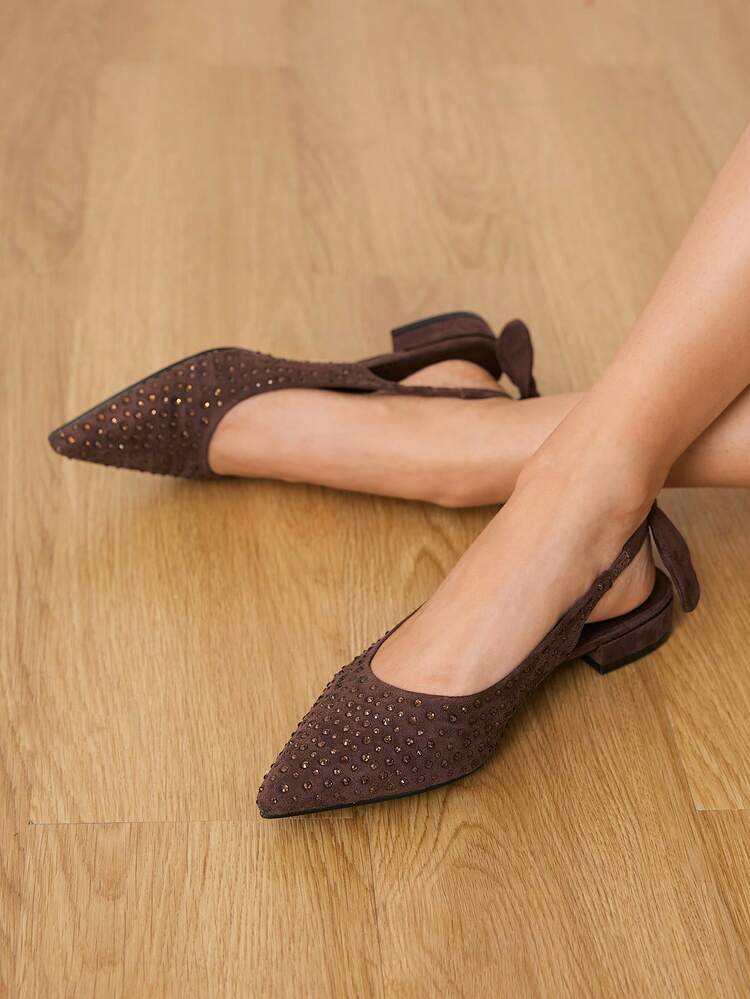 CUCCOO HITCHD Women Shoes European And American New Fashion Brown Rhinestone Suede Pointed Flat-Soled Shoes, Slingback Bow With Slip-On Versatile, Comfortable, Elegant And Advanced, Huge Beautiful Sandals Summer Shoes Wedding Shoes Bride Shoes