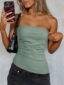 SHEIN Essnce Women's Casual Solid Color Pleated Tube Top, Suitable For Summer Daily Wear Strapless Top Sage Green Top Curve Tube Top Long Tube Top Fitted Tube Top - Mint Green - View 5