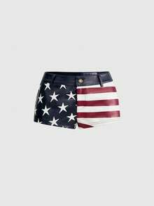 ROMWE Grunge Punk Pantalones cortos de cuero de tiro bajo y súper cortos con estampado de bandera estadounidense, estilo Y2K Baddie - Multicolor - Ver 1