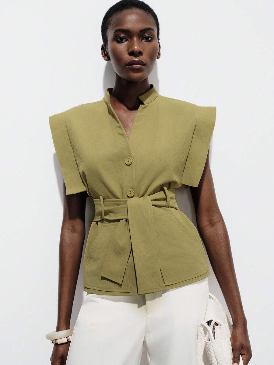 Aveloria Modichic European And American Style Fashionable Versatile Solid Color Butterfly Sleeve V-Neck Tie Waist Sleeveless Blouse, Spring/Summer - Olive Green - View 1