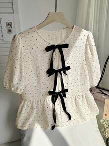 Comfortcana Plus Size Women's Apricot Polka Dot Pattern Bow Decor Ruffle Hem Blouse - Apricot - View 3