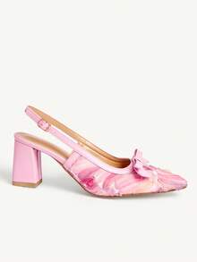 CUCCOO CHICEST Tie Dye Pink Mesh Bow Pointed Toe Chunky Heel Mule Pumps For Women - Pink - View 3