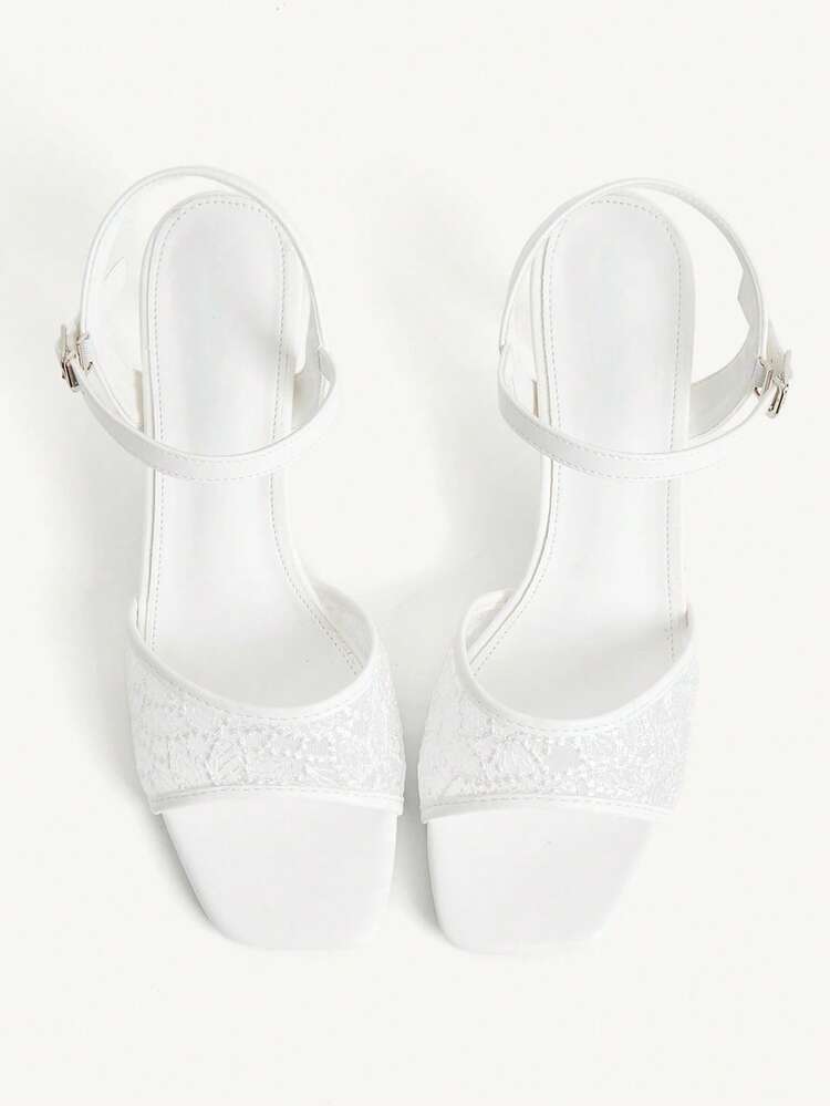 CUCCOO CHICEST Women's Spring/Summer New Square Toe Thick High Heel White Mesh Embroidery Ankle Strap Hollow Out Sandals, Fashionable Elegant Comfortable Sexy Open Toe High Heel Sandals