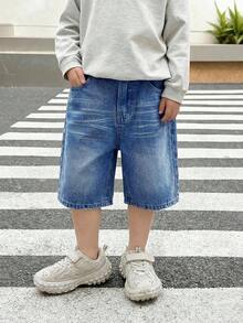 SHEIN Little Byeori 青少年男童休闲百慕大牛仔短裤，带口袋 - 中等水洗藍 - 查看 4