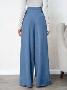 SHEIN Tall Pantalones de lino con pliegues profundos color beige para mujeres - Azul - Ver 2