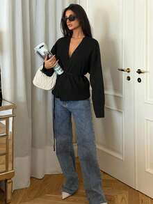 Ronhire Drop Shoulder Belted Cardigan - Hitam - View 6