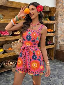 SHEIN LUNE Women's Short Printed Jumpsuit For Vacation, Spring/Summer - Multicolor - View 7