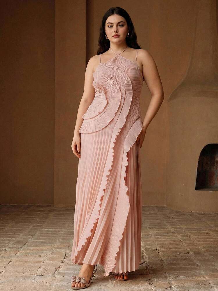 Plus Size Women's Solid Color Elegant Summer Halter Tie Neck Romantic Floral Ruffle Hem Pleated Sexy Vacation Dress