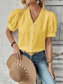 Breezaya Summer Casual Solid Color Lace Collar Puff Sleeve Blouse - Light Yellow - View 4