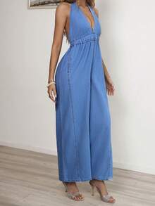 Sunnyshic 女士休闲露背吊带牛仔连体裤 - 藍色 - 查看 3