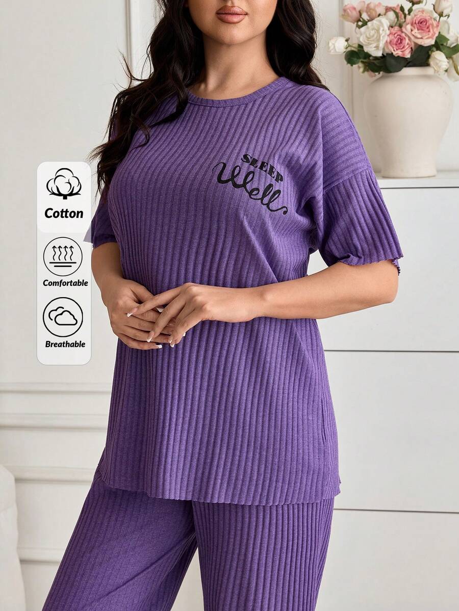EURMUSE 100%Cotton 2Pcs Plus Cotton Slogan Printed Short Sleeve Shirt And Long Bottom PJ Set - Lilac Purple - View 1