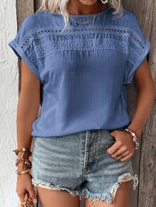 Breezaya Solid Color Round Neck Short Sleeve Embroidered Laser Cut Loose Summer Shirt - Medium Wash - View 3