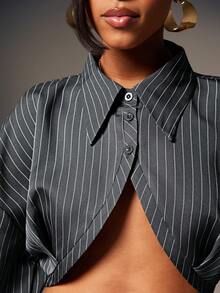 Denimoi Super Cropped Collared Button Front Striped Collared Top Fashionable Sexy Tops - Dark Grey - View 3