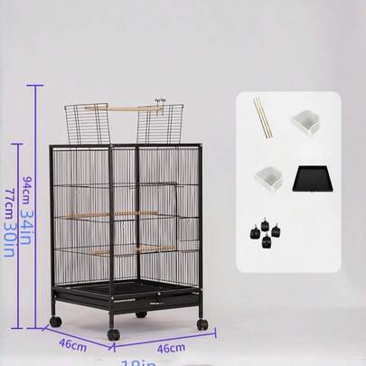 68英寸锻铁大型鸟笼，带游戏顶盖，鹦鹉飞行笼，配有滚轮支架和底板。适用于鹦鹉、爱情鸟、鸡尾酒鹦鹉、长尾鹦鹉、领鹦鹉等。黑色。