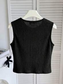 SHEIN Tween Girls' White Knit Textured Sleeveless Elegant Versatile Vest Shirt - Black - View 2