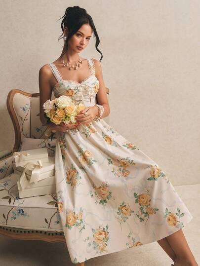 Poéselle Women's Elegant Floral Print Sleeveless Midi Dress, Yellow Dress,Floral Dress,Wedding Guest Dress,Vacation Dresses ,Elegant Dresses For Women ,Country Dress, Perfect For Wedding, Dates, And Everyday Wear,Spring/Summer,Summer Dresses For Women