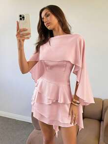 Aloruh 女士新款纯粉色吊带连衣裙，配可拆卸披肩，性感可爱复古浪漫约会迷你裙 - 淺粉色 - 查看 6