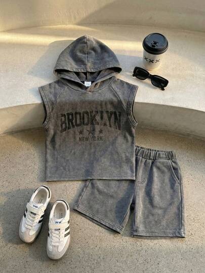 2pcs Kids Knitted Hoodie Letter Print Loose T-Shirt And Shorts Set, Casual Style Suitable For Commuting, School, Daily Wear, Sports, Summer