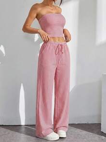 SHEIN PETITE 2pcs Women Striped Bandeau Top And Tie Waist Long Pants Set - Red - View 3