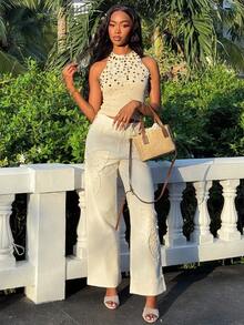 Mima John Áo len dệt kim sequin hở lưng buộc dây, áo yếm thêu sequin, mọi mùa, áo Y2K, quần áo mùa thu cho nữ - Màu be - Xem 4