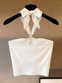 Franclia Women's White Backless Halter Top With Black And White Piping,Elegant Sexy Summer Vacation Outfits For Beach Golf,Party,Business Office And Casual - White - View 3