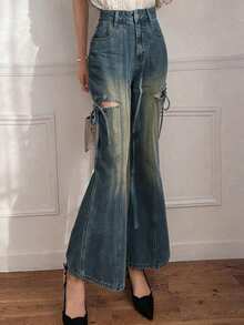 FRIFUL Quần jeans nữ ống loe buộc dây, kiểu dáng thường ngày, chất liệu vải denim mài, có lỗ thoáng khí. - Màu xanh lam - Xem 5
