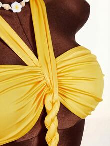 Amplova Damklänning med halterneck och vridning för stranden, ihålig och rygglös - Ljusgul - Visa 8