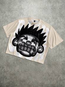 Manfinity ZONE917 男士休闲卡通印花宽松短袖T恤，夏季 - 杏色 - 查看 2